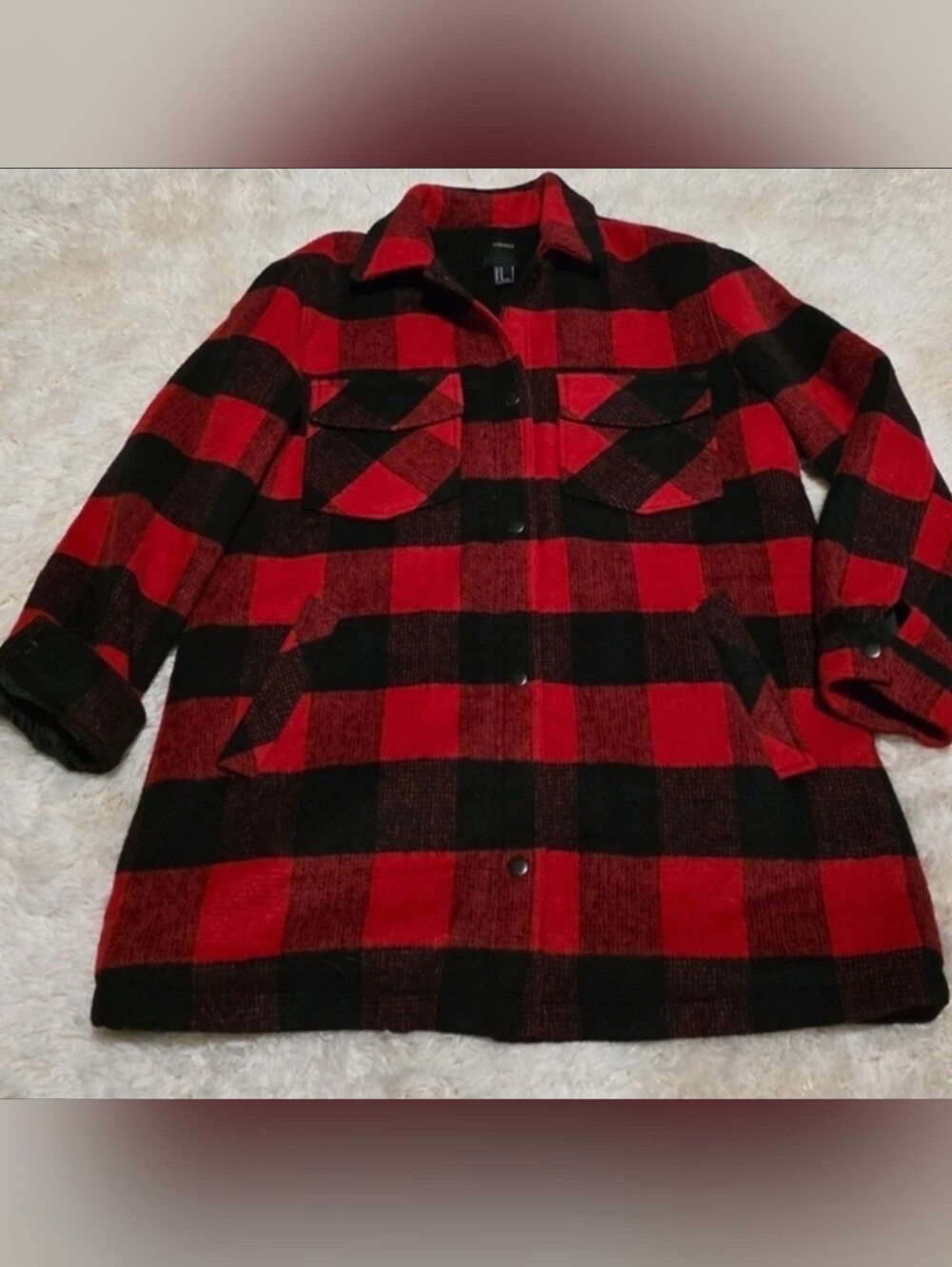 Forever 21 Women's Red/Black Buffalo Plaid Fleeced Lined Shacket Snap Sz. Medium